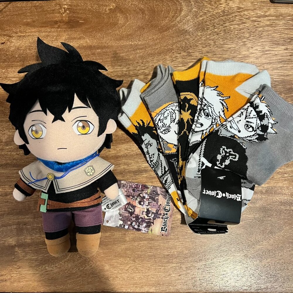 Black Clover Anime Lot Yuno Plush Doll +5 Pack Of Socks Asta, Yami, Noelle, Luck